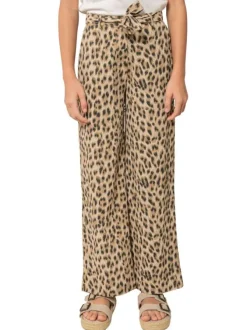 Pantalon chino beige animalier pourvu d'une coupe fluide et d'un lien à nouer