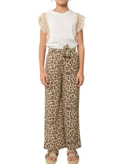 Pantalon chino beige animalier pourvu d'une coupe fluide et d'un lien à nouer