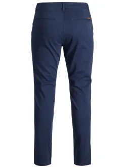 Pantalon Chino en coton marine uni coupe slim et poches droites à l'arrière