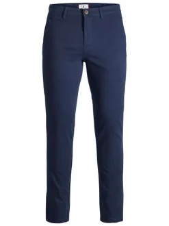 Pantalon Chino en coton marine uni coupe slim et poches droites à l'arrière