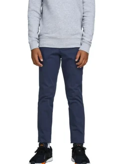 Pantalon Chino en coton marine uni coupe slim et poches droites à l'arrière