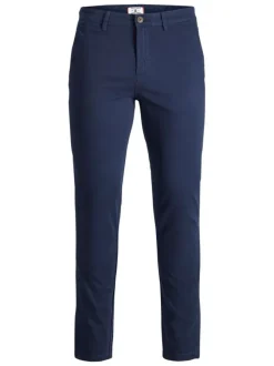 Pantalon Chino en coton marine uni coupe slim et poches droites à l'arrière