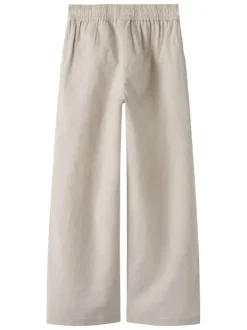 Pantalon chino en lin et coton beige uni pourvu d'une taille élastiquée