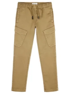 Pantalon en coton mélangé beige uni avec une coupe droite et des poches