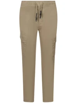 Pantalon en coton mélangé beige uni avec une coupe droite et des poches