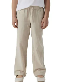 Pantalon en coton mélangé écru uni à coupe droite fluide et à taille élastiquée