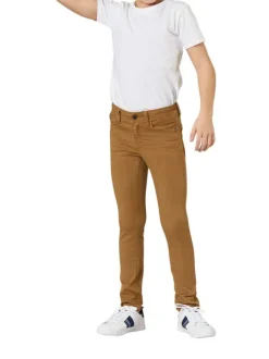 Pantalon skinny en coton stretch brun effet froissé à taille élastiquée réglable par crochet et œillet