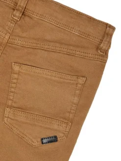 Pantalon skinny en coton stretch brun effet froissé à taille élastiquée réglable par crochet et œillet
