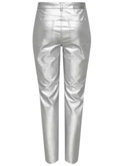 Pantalon argent uni avec une coupe droite et des passants pour ceinture