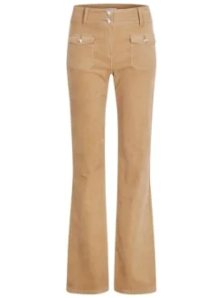 Pantalon beige coupe bootcut en coton pourvu de boutons dorés