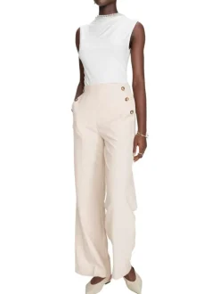 Pantalon beige uni avec une coupe bootcut et une taille élastiquée