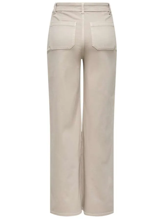 Pantalon beige uni avec une coupe flare avec un zip et un bouton