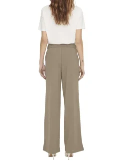 Pantalon beige uni à coupe bootcut avec une taille élastiquée et des passants