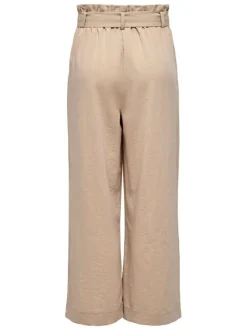 Pantalon beige uni fluide avec une coupe bootcut et une ceinture