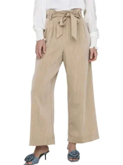 Pantalon beige uni fluide avec une coupe bootcut et une ceinture