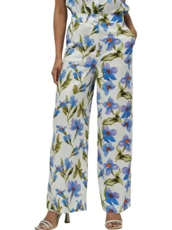 Pantalon blanc à fleurs bleues avec une coupe large et fluide et à taille haute