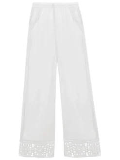 Pantalon blanc uni à détails en crochet et à coupe droite avec des poches