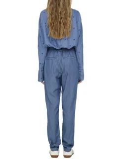 Pantalon bleu imitation denim uni avec une coupe carotte et un lacet à la taille