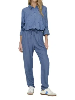 Pantalon bleu imitation denim uni avec une coupe carotte et un lacet à la taille