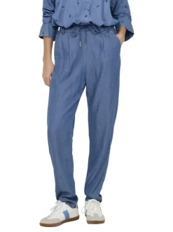 Pantalon bleu imitation denim uni avec une coupe carotte et un lacet à la taille