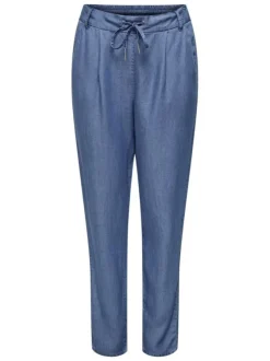Pantalon bleu imitation denim uni avec une coupe carotte et un lacet à la taille
