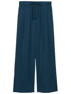 Pantalon bleu pétrole uni avec une coupe large une ceinture en tissu et 4 poches