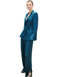 Pantalon bleu pétrole uni avec une coupe large une ceinture en tissu et 4 poches