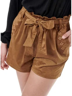 Pantalon camel en suédine avec une coupe paper bag et broderiie devant