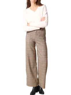 Pantalon camel à motif écossais avec deux poches plaquées et coupe évasée