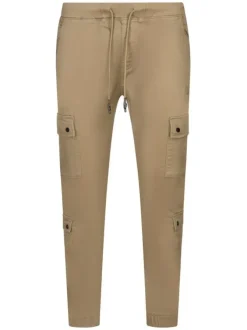 Pantalon cargo beige uni avec une coupe droite et ajustable à la taille