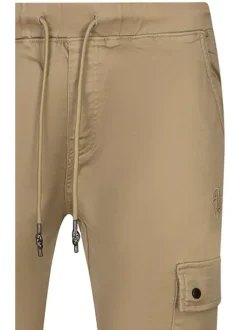 Pantalon cargo beige uni avec une coupe droite et ajustable à la taille