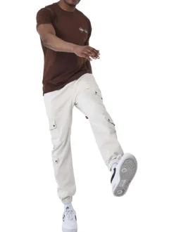 Pantalon Cargo écru uni à coupe slim avec 4 poches à rabat et logo brodé