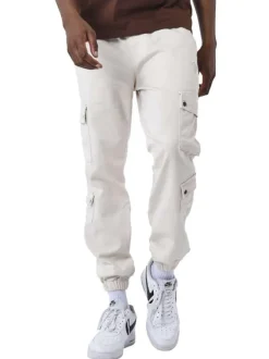 Pantalon Cargo écru uni à coupe slim avec 4 poches à rabat et logo brodé