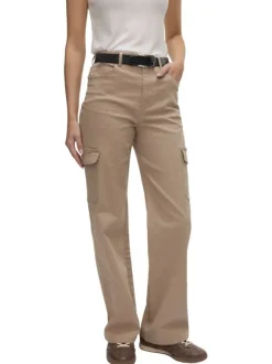 Pantalon cargo en coton beige uni avec une coupe bootcut et une taille haute