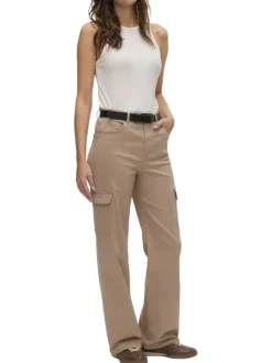 Pantalon cargo en coton beige uni avec une coupe bootcut et une taille haute