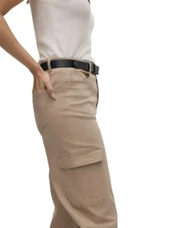 Pantalon cargo en coton beige uni avec une coupe bootcut et une taille haute