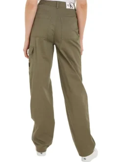 Pantalon cargo en coton kaki uni avec une coupe regular fit et une taille haute