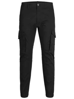 Pantalon Cargo en coton mélangé noir uni coupe slim et poches aux cuisses