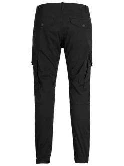 Pantalon Cargo en coton mélangé noir uni coupe slim et poches aux cuisses