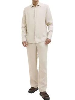 Pantalon chino beige en lin pourvu d'une taille élastiquée froncée