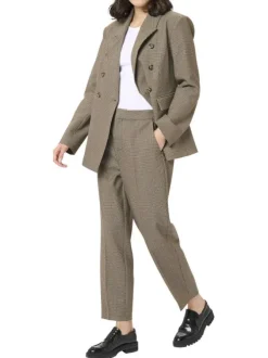 Pantalon chino beige à motif pied de poule avec une coupe slim