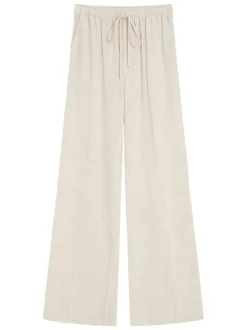 Pantalon chino beige uni avec une coupe flare et une taille élastiquée
