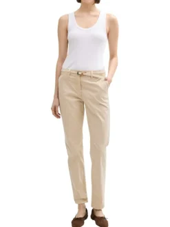 Pantalon Chino beige uni en coton mélangé avec une coupe slim et une ceinture
