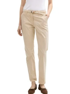 Pantalon Chino beige uni en coton mélangé avec une coupe slim et une ceinture
