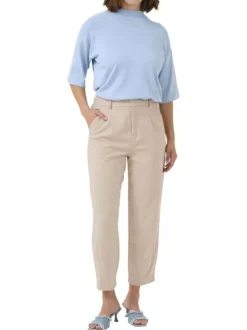 Pantalon chino beige uni taille haute pourvu d'une coupe ajustée