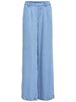 Pantalon chino bleu aspect denim à coupe large et longue et à taille élastiquée