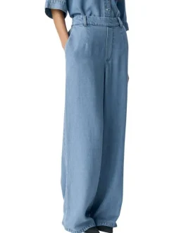 Pantalon chino bleu aspect denim à coupe large et longue et à taille élastiquée