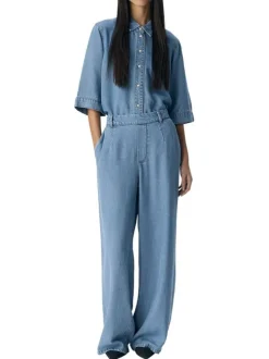Pantalon chino bleu aspect denim à coupe large et longue et à taille élastiquée