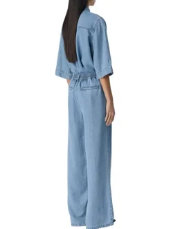 Pantalon chino bleu aspect denim à coupe large et longue et à taille élastiquée