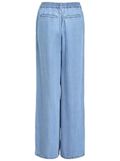 Pantalon chino bleu aspect denim à coupe large et longue et à taille élastiquée